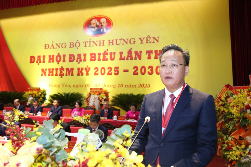 Bí thư Tỉnh ủy Hưng Yên Nguyễn Hữu Nghĩa phát biểu tại đại hội. Ảnh: Tiến Đạt