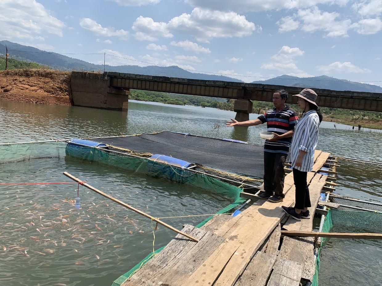 Nuôi cá lồng bè trên dòng Pô Cô là mô hình kinh tế triển vọng cho bà con dân tộc thiểu số. Ảnh: Phương Vi