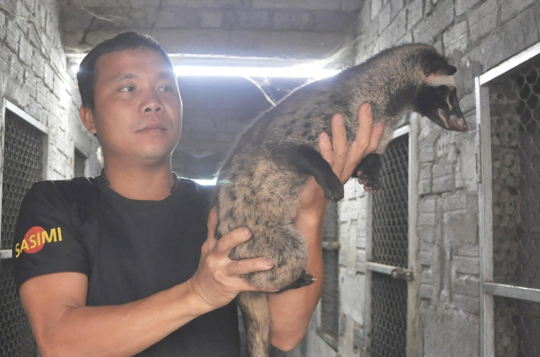 Anh Khánh bên trong trang trại chồn hương. ẢNH: THÙY DƯƠNG