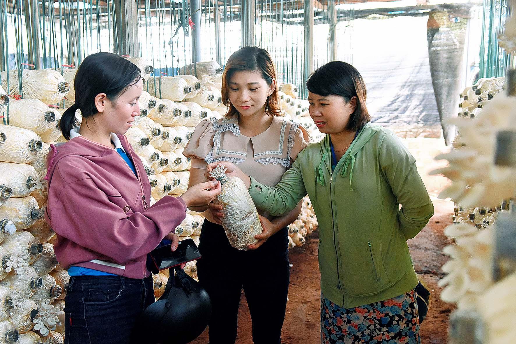 Chị Giang chia sẽ kinh nghiệm trồng nấm với các hội viên phụ nữ trong xã.