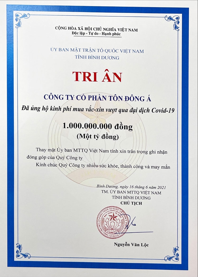 Tôn Đông Á trao 1 tỷ đồng để mua vaccine, cùng cả nước phòng chống Covid-19