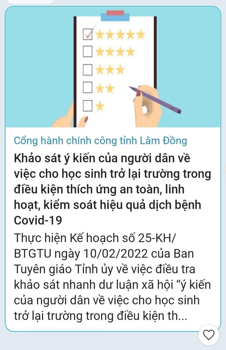 Tỉnh Lâm Đồng mời người dân tham gia khảo sát việc trở lại trường của học sinh. Ảnh: Lâm Viên