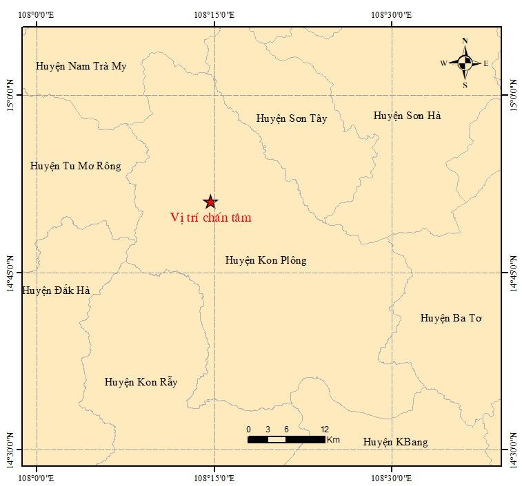 Vị trí chấn tâm ở huyện Kon Plông. Ảnh Viện Vật lý địa cầu