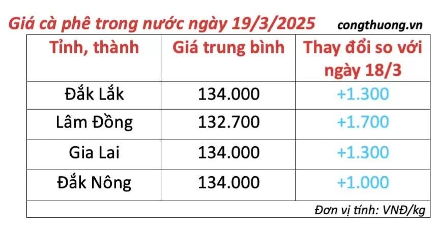 Giá cà phê hôm nay 19/3/2025 trong nước duy trì mức cao Giá cà phê hôm nay 19/3/2025 trong nước