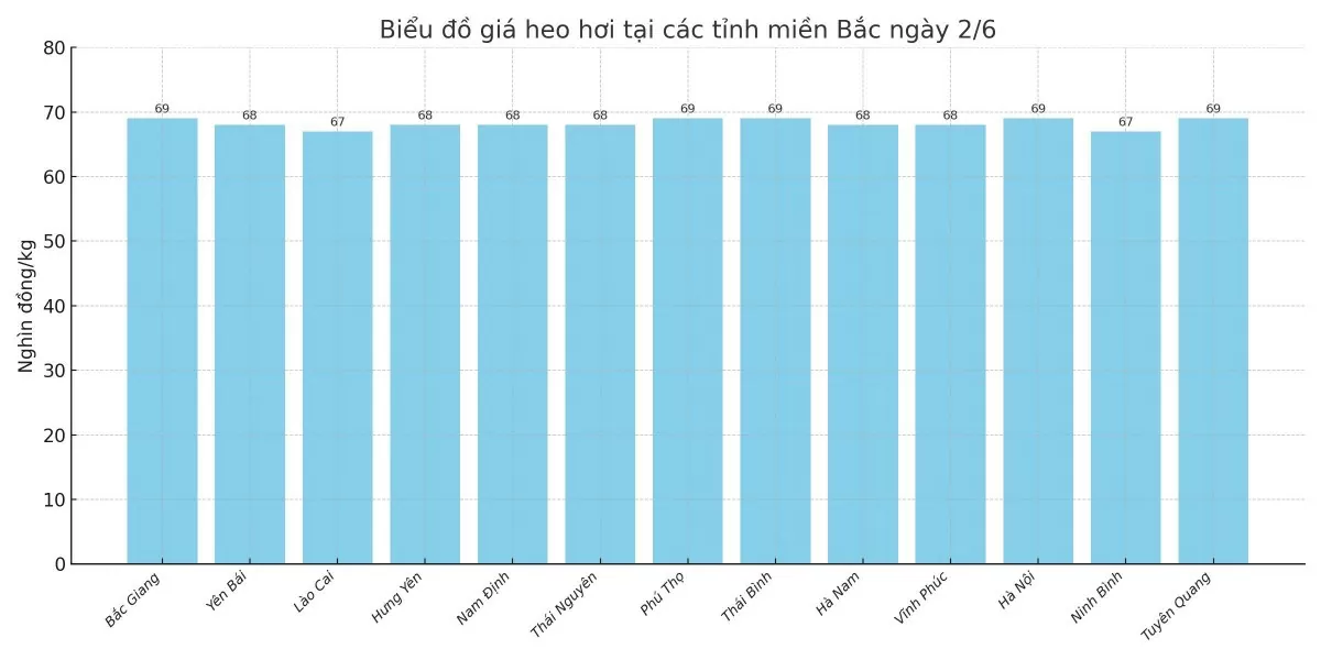 Biểu đồ giá heo hơi tại các tỉnh miền Bắc ngày 2/6.