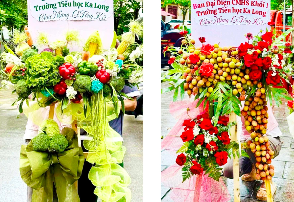 Lẵng hoa kết từ vải thiều, ngô, súp lơ trong lễ tổng kết tại trường tiểu học. Ảnh chụp màn hình