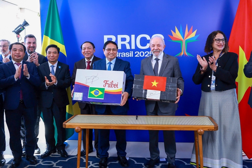 Thủ tướng Chính phủ và Tổng thống Brazil chứng kiến Lễ công bố lô hàng xuất khẩu cá tra-basa, cá rô phi đầu tiên của Việt Nam sang Brazil và Lễ công bố lô hàng xuất khẩu thịt bò đầu tiên của Brazil sang Việt Nam. Ảnh: VGP/Nhật Bắc