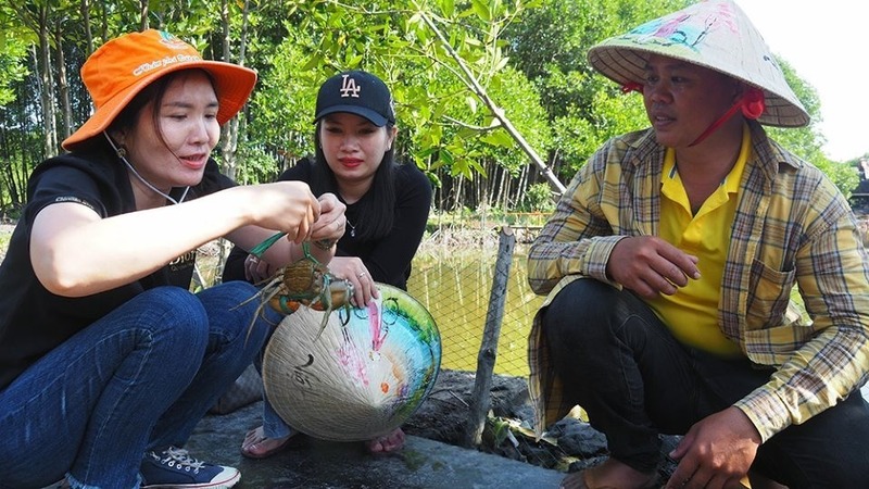 Du khách trải nghiệm bắt cua tại Cà Mau. Ảnh: Loan Phương