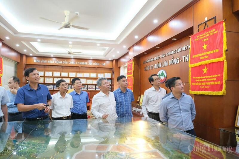 Ông Nguyễn Đức Thái (cầm đèn pin), Phó Giám đốc Công ty TNHH MTV Nhôm Lâm Đồng - TKV giới thiệu với đoàn công tác về công ty. Ảnh: Lê Sơn