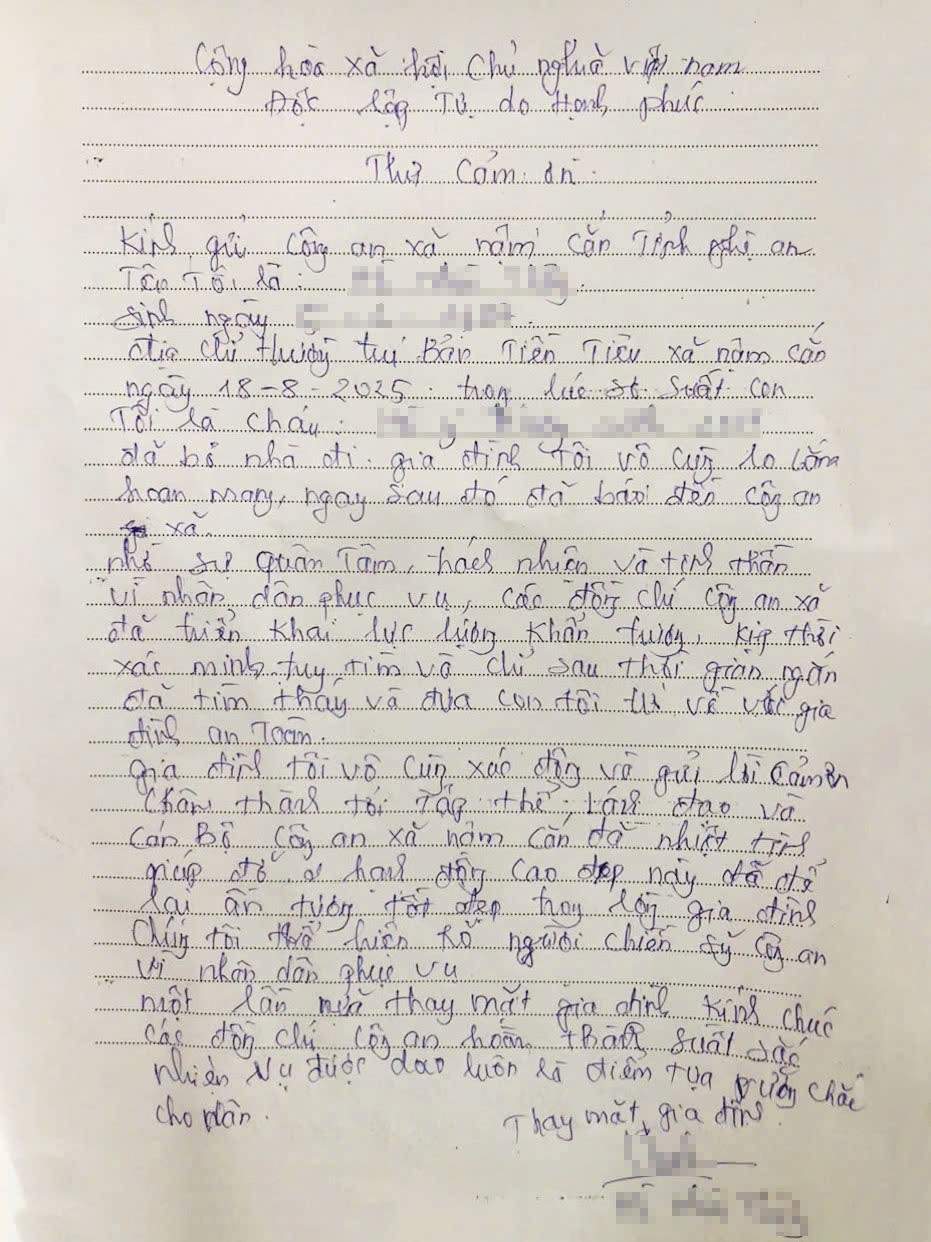 Gia đình cháu H. viết thư cảm ơn Công an xã Nậm Cắn