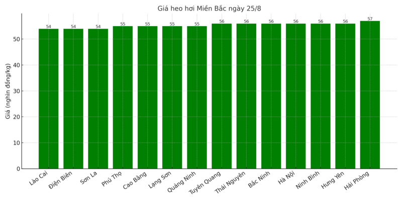 Biểu đồ giá heo hơi một số tỉnh, thành miền Bắc ngày 25/8.