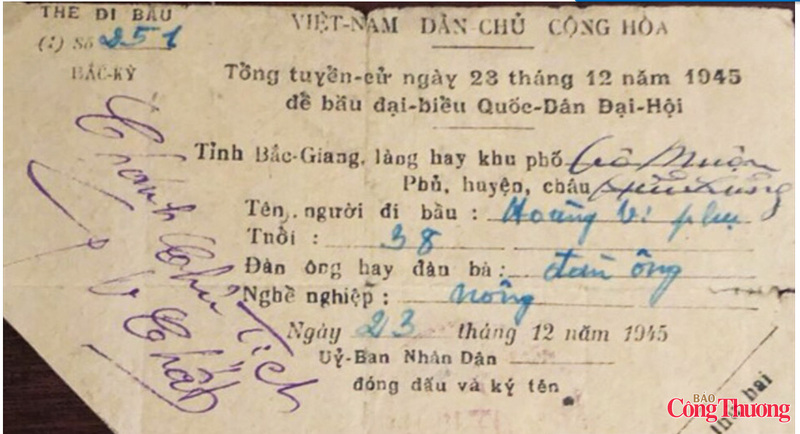 Tấm thẻ cử tri từ ngày tổng tuyển cử đầu tiên năm 1945. Trên thẻ vẫn ghi đầy đủ thông tin của 1 cử tri tại tỉnh Bắc Giang (nay là tỉnh Bắc Ninh) đi bầu đại biểu Quốc dân đại hội trong lần tổng tuyển cử đầu tiên của đất nước. Trong ảnh là tấm thẻ cử tri đã được anh Tuấn gửi tặng để trưng bày tại Bảo tàng tỉnh Bắc Ninh. hiện nay.
