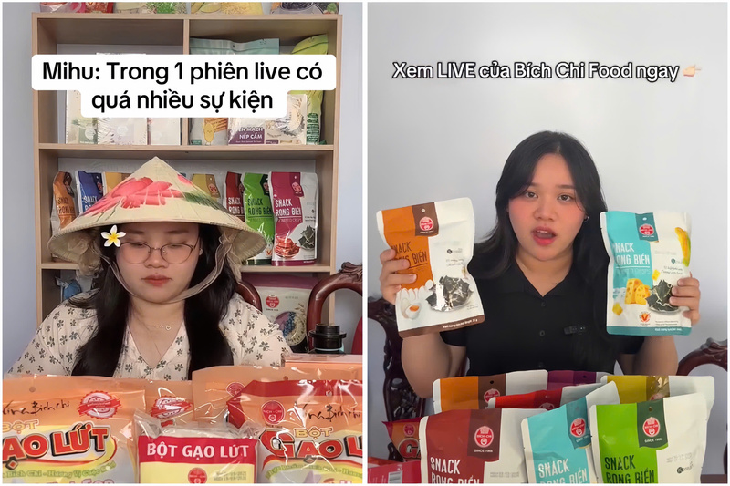 Đại diện Công ty Bích Chi thực hiện phiên bán hàng trực tuyến, giới thiệu các sản phẩm chủ lực như snack rong biển và bột gạo lứt đến khách hàng. Ảnh chụp màn hình.