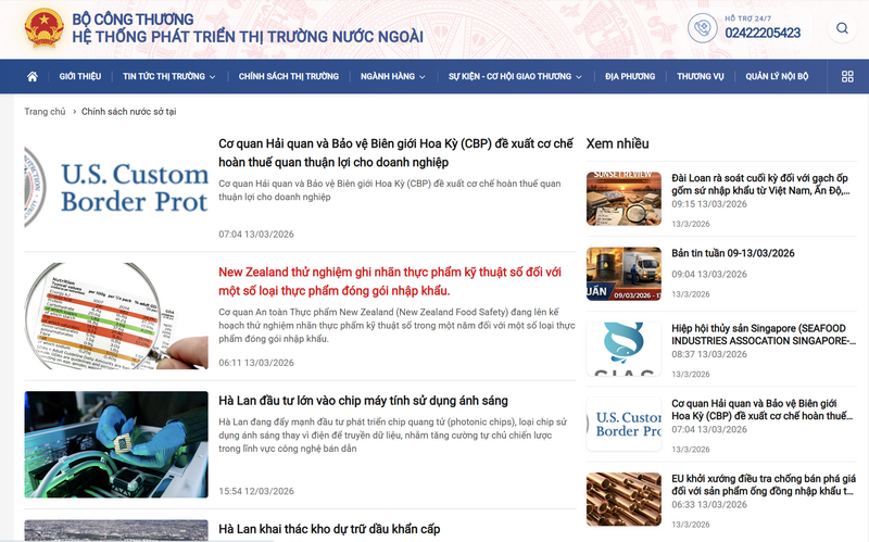 Thông về thị trường nước ngoài liên tục được cập nhật để phục vụ nhu cầu của doanh nghiệp, người dân trong nước.
