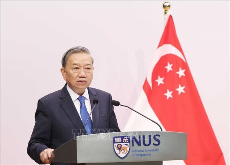 Tổng Bí thư Tô Lâm phát biểu chính sách tại Trường chính sách công Lý Quang Diệu, Đại học quốc gia Singapore (3/2025). Ảnh: Thống Nhất/TTXVN