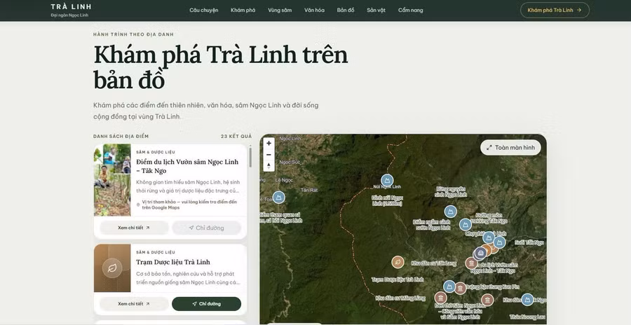 Giao diện website “Trà Linh - Đại ngàn Ngọc Linh” do nhóm sinh viên Trường Đại học Bách khoa - Đại học Đà Nẵng thiết kế. ban-do-so-tra-linh.jpg