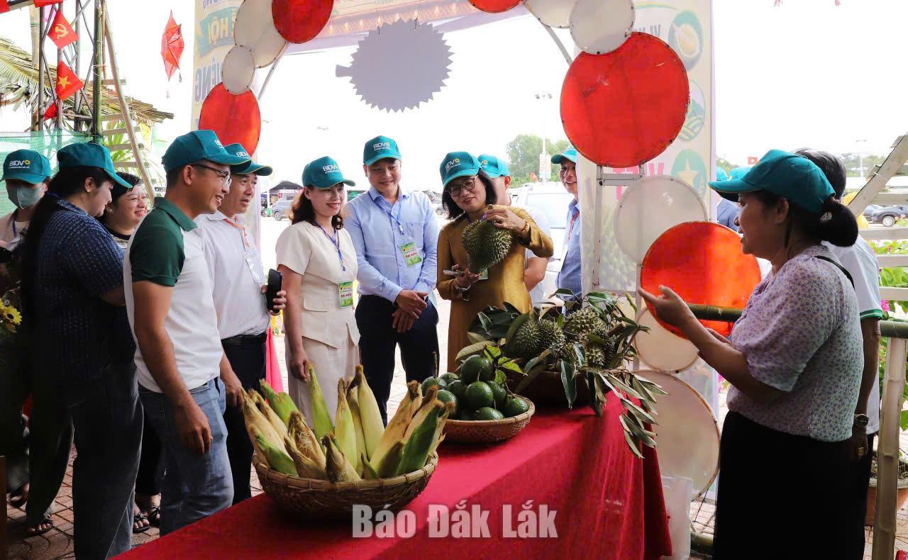 Các đại biểu tham quan các gian hàng trưng bày nông sản và các sản phẩm OCOP của xã.